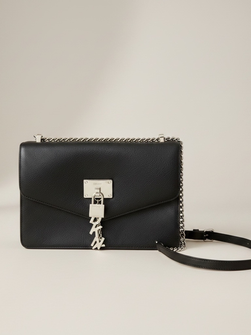 DKNY Elissa Black Leather Chain Purse Handbag Crossbody Shoulder Flap Lock Charm